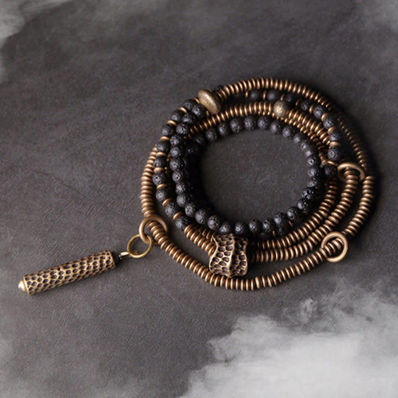 Buddha Stones ​​Vintage Lavastein Messing Kupfer Heilendes mehrlagiges Armband - 17–17,5 cm - image 0