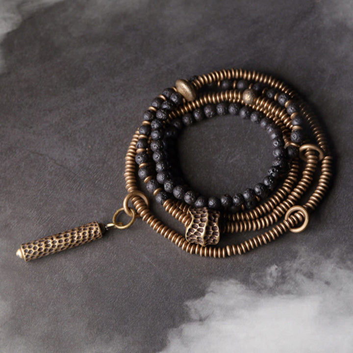 Buddha Stones ​​Vintage Lavastein Messing Kupfer Heilendes mehrlagiges Armband - 17–17,5 cm - image 0