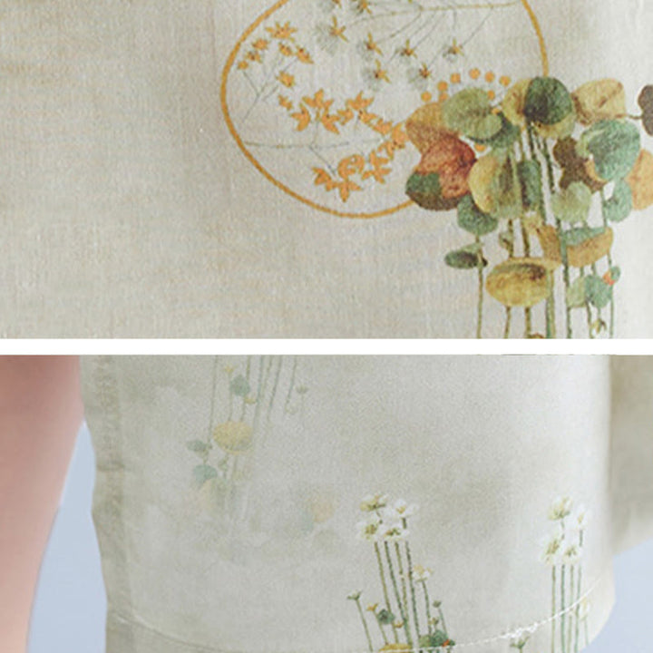 Cheongsam-Midikleid mit Buddha-Steinen, Blumen, Grün und Gelb, Blätter-Print, Dreiviertelärmel, mit Taschen