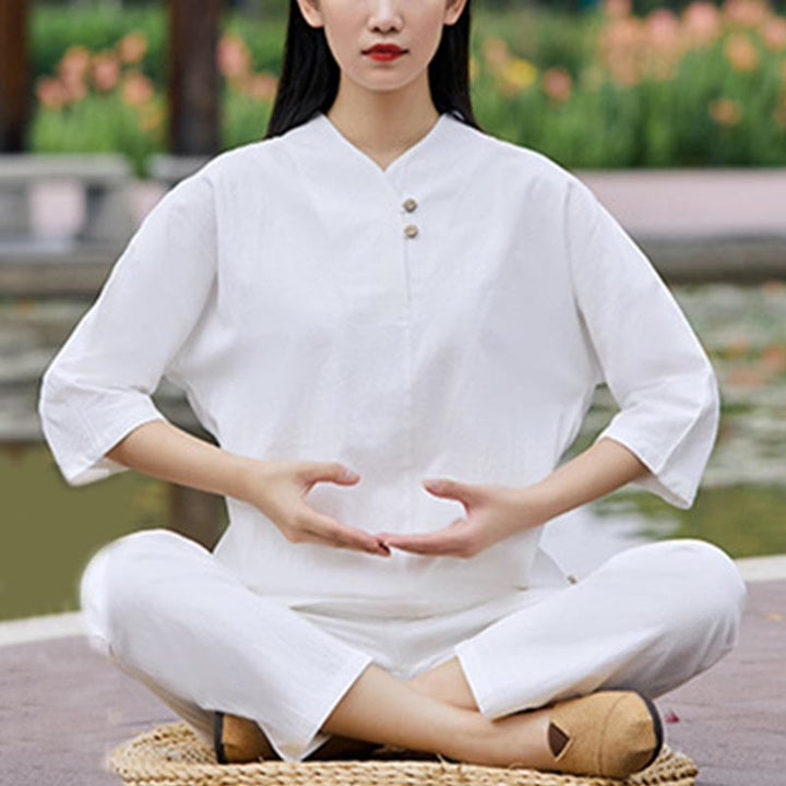 Buddha Stones 2-teiliges Set mit Hemd, Oberteil und Hose, Meditation, Zen, Tai Chi, Baumwolle und Leinen, Damen