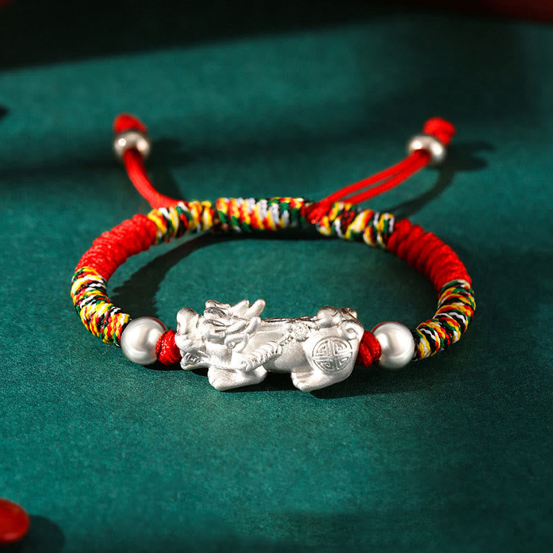 Buddha Stones 999 Sterling Silber PiXiu Wealth King Kong Knotenschnur geflochtenes Kinder-Kind-Armband - 999 Sterling Silber PiXiu - Buntes Seil (Armbandgröße 12+4cm) - image 10