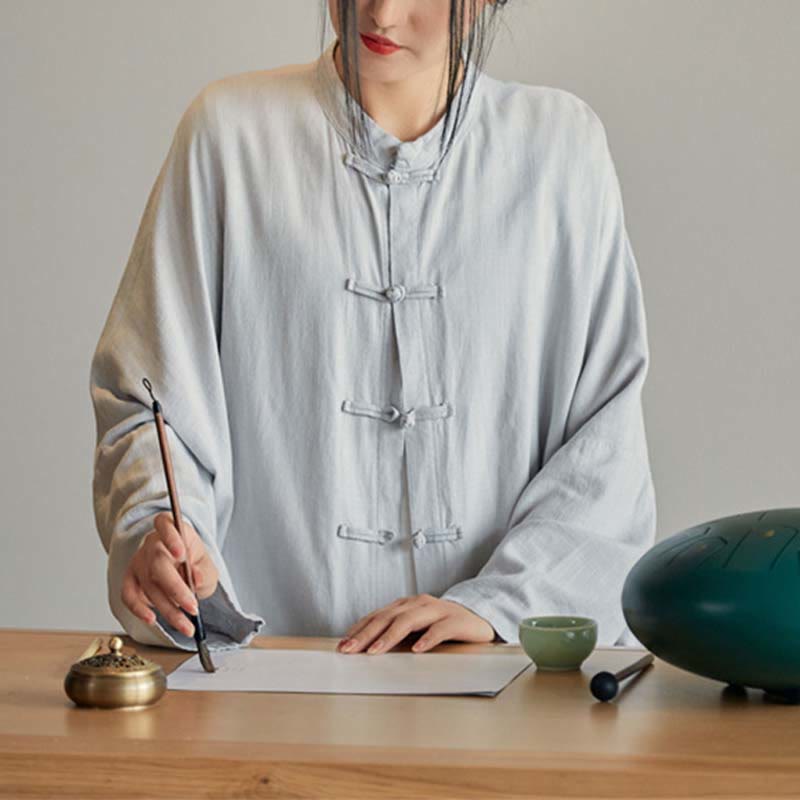 Buddha Stones Plain Frosch-Knopf-Design Shirt Zen Tai Chi Meditation Top Kleidung Baumwolle Leinen Jacke