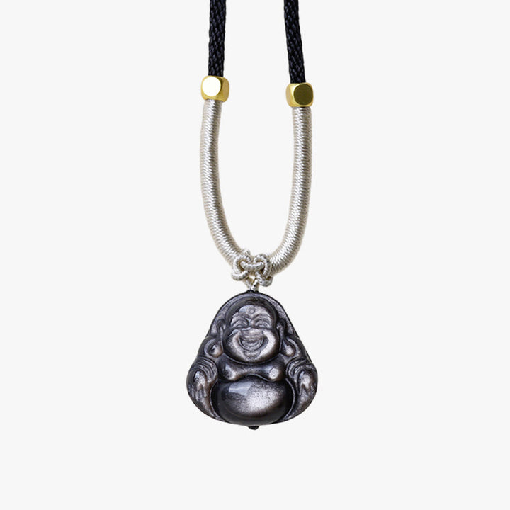 Buddha Stones, natürlicher silberfarbener Obsidian, lachender Buddha-Schutz-Halsketten-Anhänger - image 11