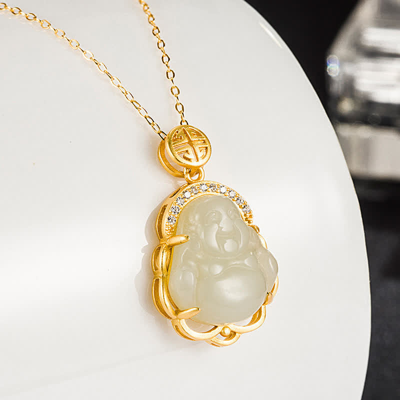 925 Sterling Silber Lachender Buddha Hetian Weiß Jade Schutz Halskette Anhänger - image 1