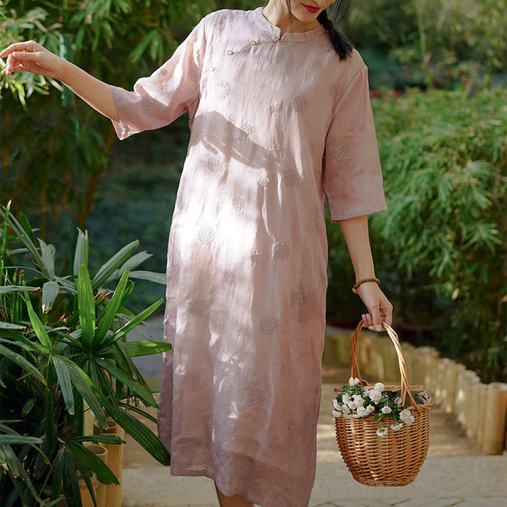 Buddha-Steine, Löwenzahn-Blumenstickerei, Halbarm, Ramie-Leinen, chinesisches Cheongsam-Midikleid mit Taschen