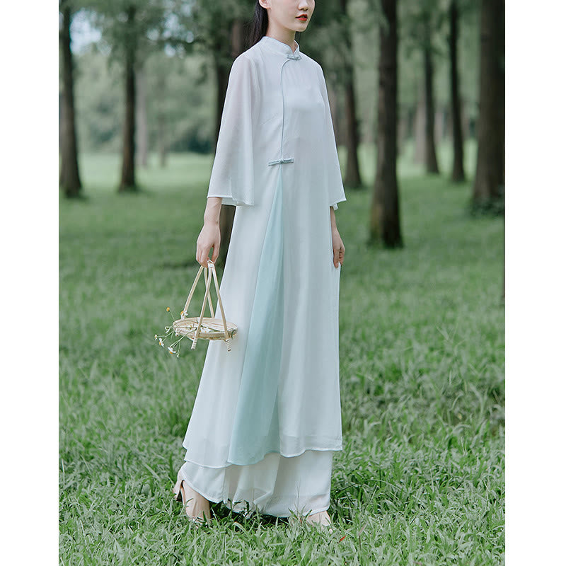 Buddha Stones Dreiviertelärmel Chiffon Cheongsam Midikleid Weite Hose Meditation Zen Praxis Kleidung