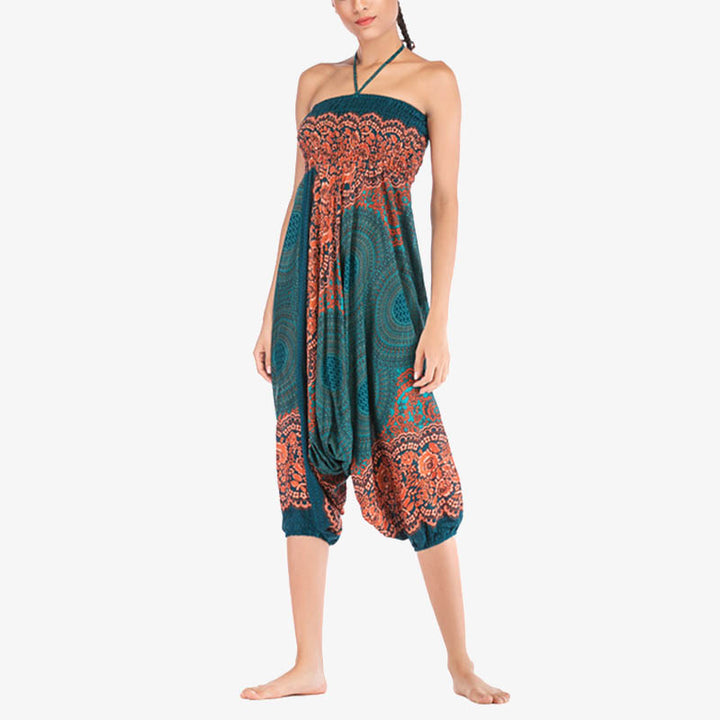 Buddha Stones Two Style Wear Runde Geometrische Muster locker gesmokte Haremshose Overall mit hoher Taille Damen Yogahose