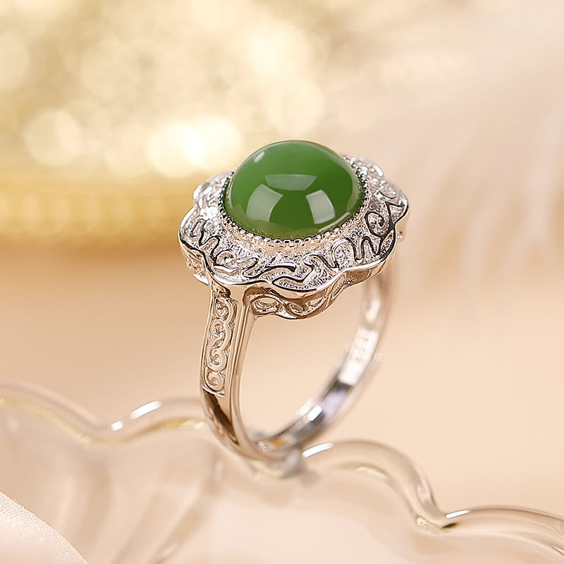 Buddha Stones 925 Sterling Silber Hetian Cyan Jade Blumendesign Glück verstellbarer Ring - Hetian Cyan Jade (Erfolg♥Heilung) - image 0