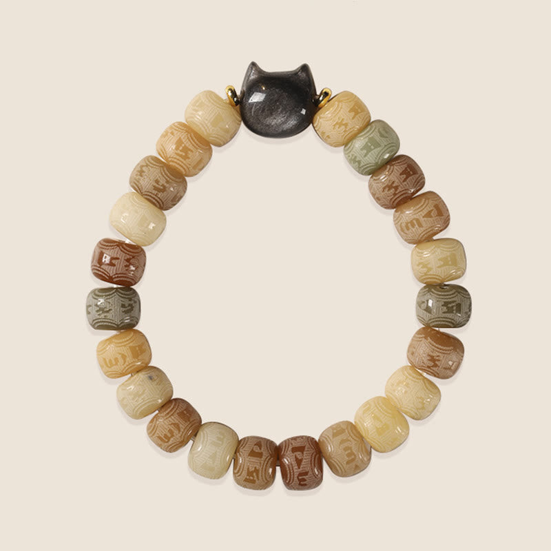 Buddha Stones Bodhi Seed Silber glänzendes Obsidian-Katzenkopf-Armband mit Om Mani Padme Hum-Gravur für Harmonie - image 6