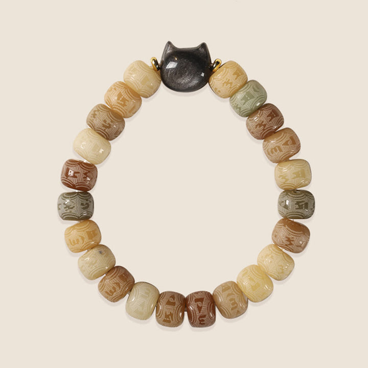 Buddha Stones Bodhi Seed Silber glänzendes Obsidian-Katzenkopf-Armband mit Om Mani Padme Hum-Gravur für Harmonie - image 6