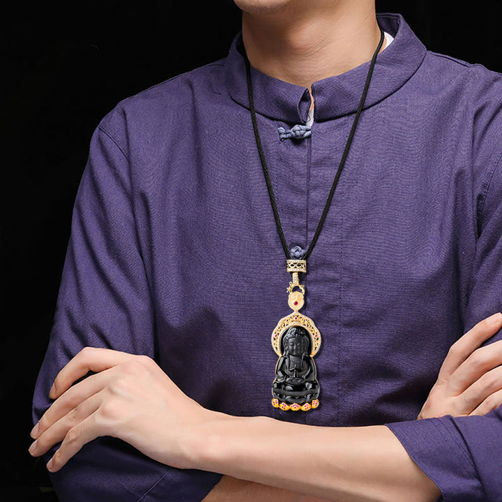 Buddha Stones , natürlicher schwarzer Jade-Anhänger, Kwan Yin Avalokitesvara, Reichtums-Titanstahlkette - image 8
