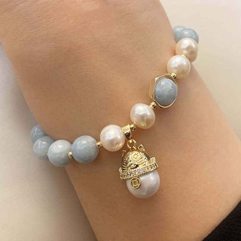 Charm-Armband mit Buddha Stonesn, Aquamarin-Perle, Friedensheilung, Glückskatze