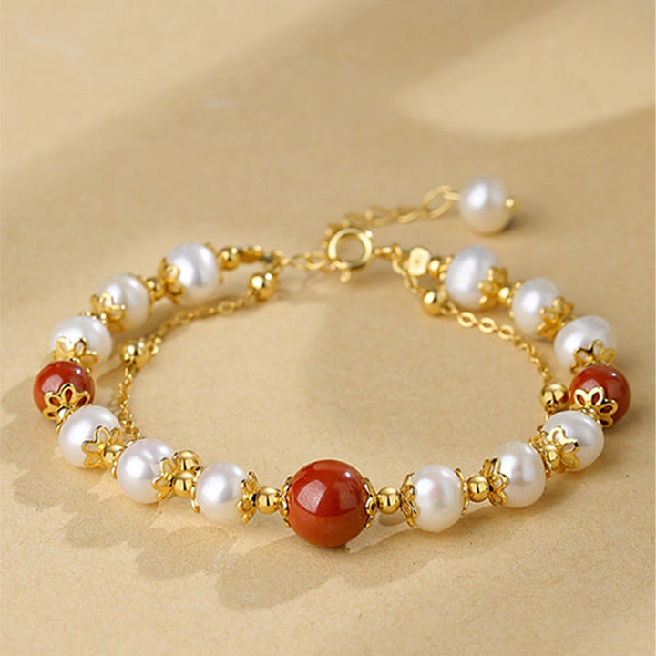 Buddha Stones 925 Sterling Silber Perlen-Zinnober-Weisheitsperlen-Doppelschicht-Kettenarmband - Perle & Zinnober - image 0