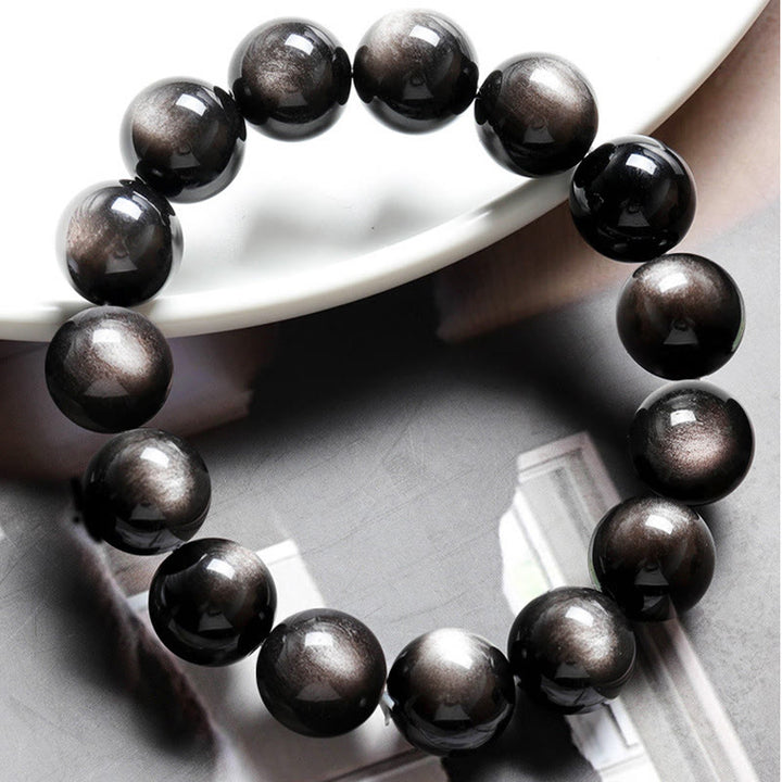 Buddha Stones Natürliches Obsidian-Armband mit silbernem Glanz und beruhigendem Schutz