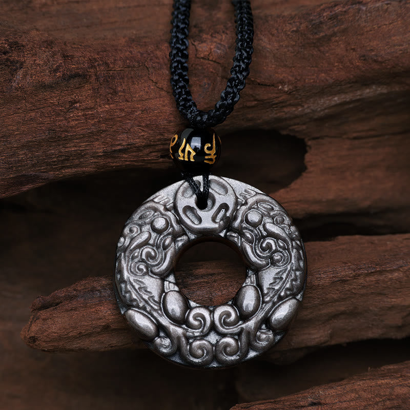 Buddha Stones Natural Silver Sheen Obsidian Double PiXiu Copper Coin Peace Buckle Protection Necklace Pendant - Silberglanz-Obsidian (Kommunikation♥Beruhigend) - image 1
