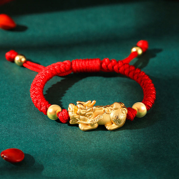 Buddha Stones 999 Sterling Silber PiXiu Wealth King Kong Knotenschnur geflochtenes Kinder-Kind-Armband - 999 Sterling Silber Golden PiXiu - Rotes Seil (Armbandgröße 12+4cm) - image 5