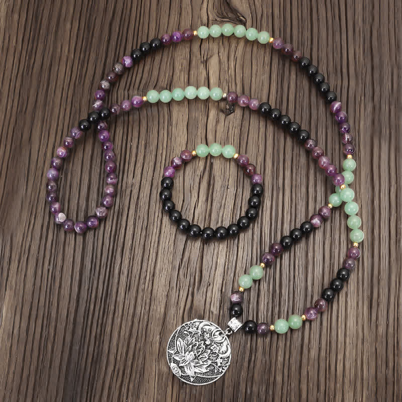 Buddha Stones 108 Mala-Perlen, Amethyst, grüner Aventurin, Lotus, Meditationsarmband