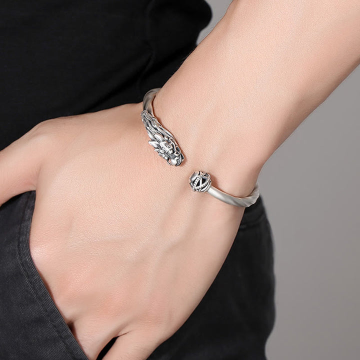 Buddha Stones 999 Sterling Silber Jahr des Drachen Glück Stärke Metall Manschettenarmband Armreif