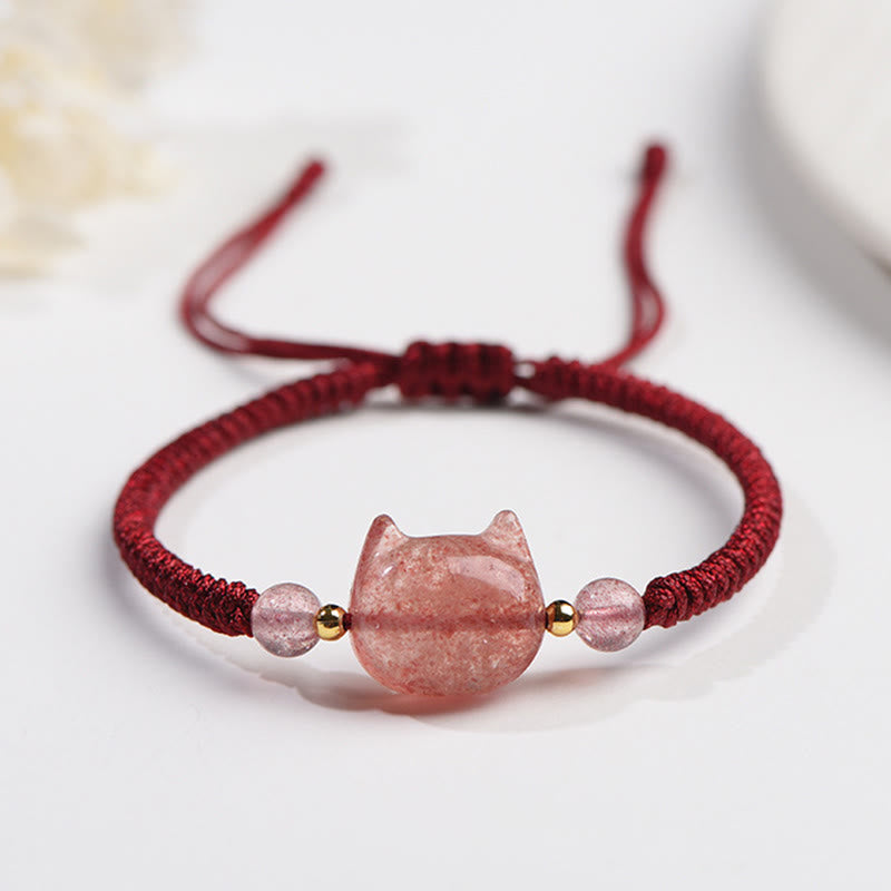Buddha Stones Handgefertigtes, natürliches, silberglänzendes Obsidian-Erdbeerquarz-Armband mit niedlichem Katzenschutz - Erdbeerquarz (Liebe♥Heilung) - Schöne Katze - image 13
