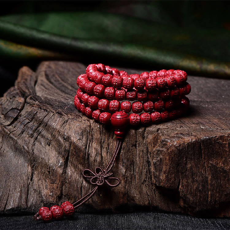 Buddha Stones 108 Mala Perlen Zinnober Om Mani Padme Hum Muster graviertes Segensarmband - image 13