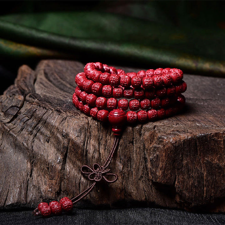Buddha Stones 108 Mala Perlen Zinnober Om Mani Padme Hum Muster graviertes Segensarmband - image 13