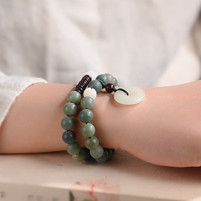 Buddha Stones Cyan Bodhi Seed Lotus Jade Peace Buckle Wisdom Double Wrap Armband - image 4
