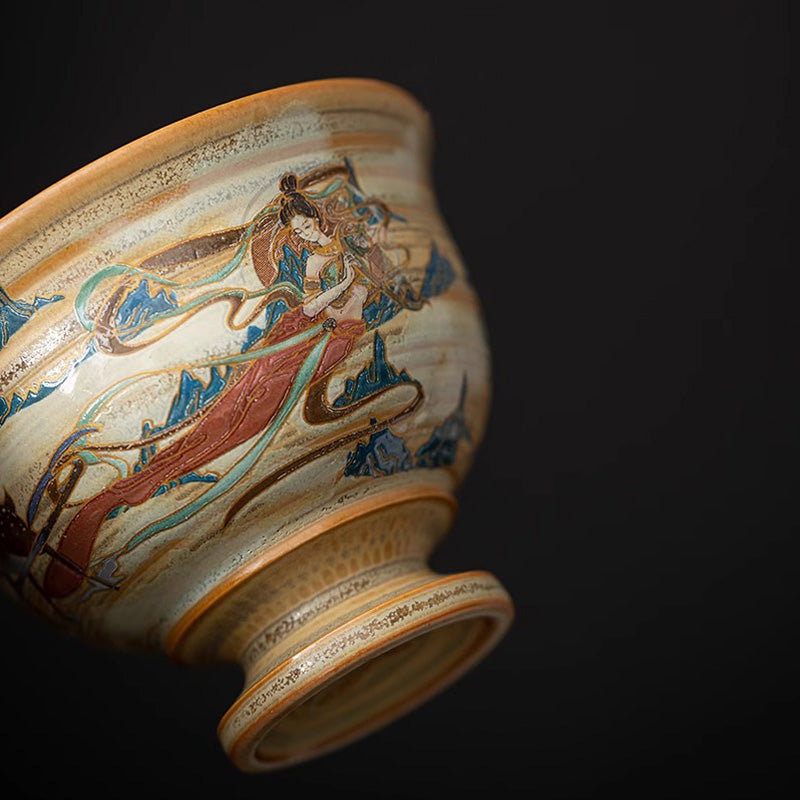 Buddha Stones Dunhuang Flying Apsaras Gaiwan Sancai Teetasse aus Keramik, Kung Fu Teetasse mit Deckel