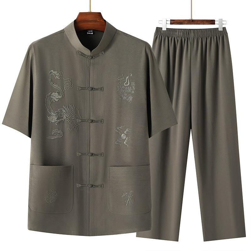 Buddha Stones Tang Anzug Hanfu Chinesischer Drache Traditionelle Kung Fu Uniform Kurzarm Tops und Hosen Kleidung Herren Set - Armeegrün - US/ UK/AU44，EU54 (4XL) - image 2