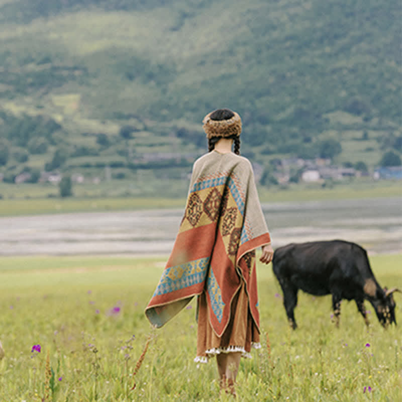 Tibetischer Schal mit Buddha Stonesn, Rautenmuster, warmer Wintermantel - image 6