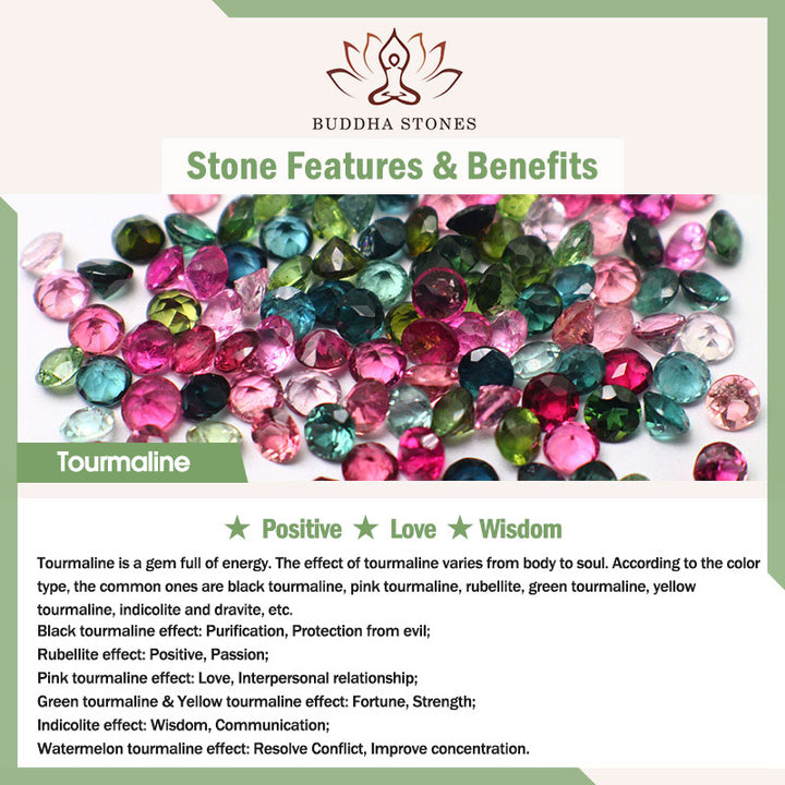 Buddha Stones Buntes Turmalin-Armband mit vierblättrigem Kleeblatt und Blume der Weisheit