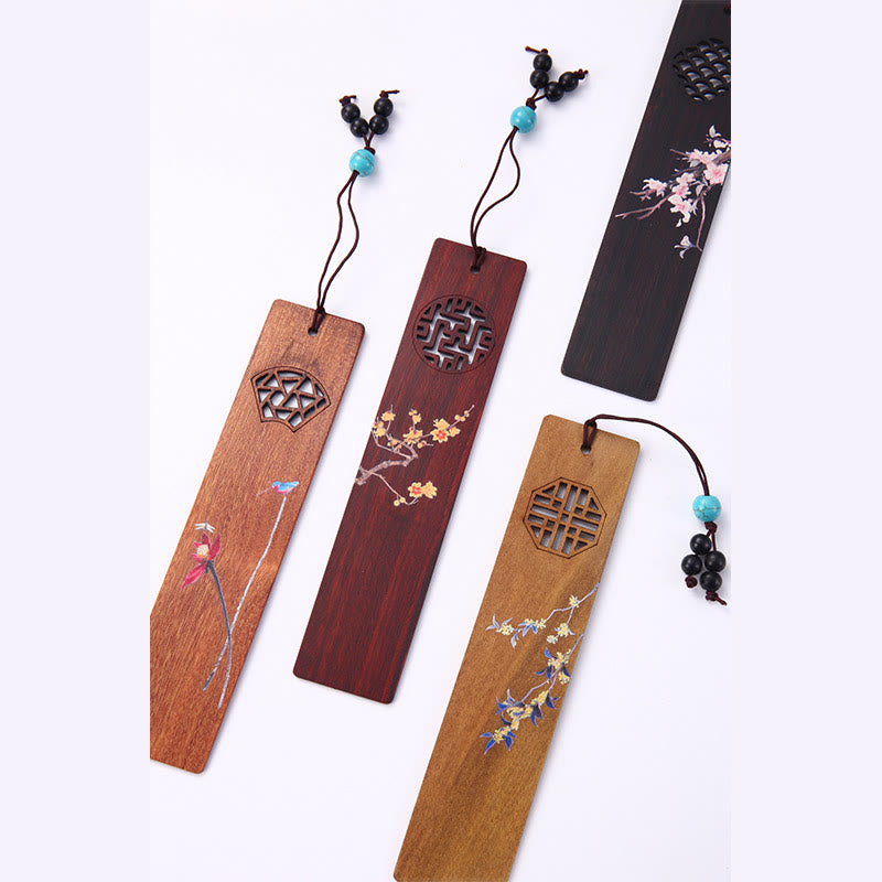 Buddha Stones 4 Stück Vier Jahreszeiten Pflaumenorchidee Bambus Chrysantheme Pekingoper Maske Holz Lesezeichen mit Geschenkbox - image 12