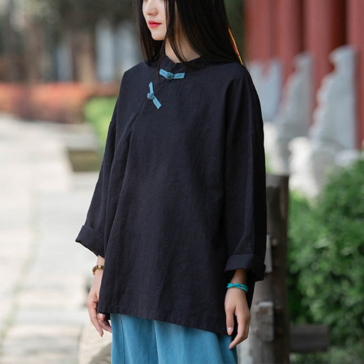 Buddha Stones Ramie Leinen Lose Bluse Damen Langarmshirt Chinesisches Hanfu Top