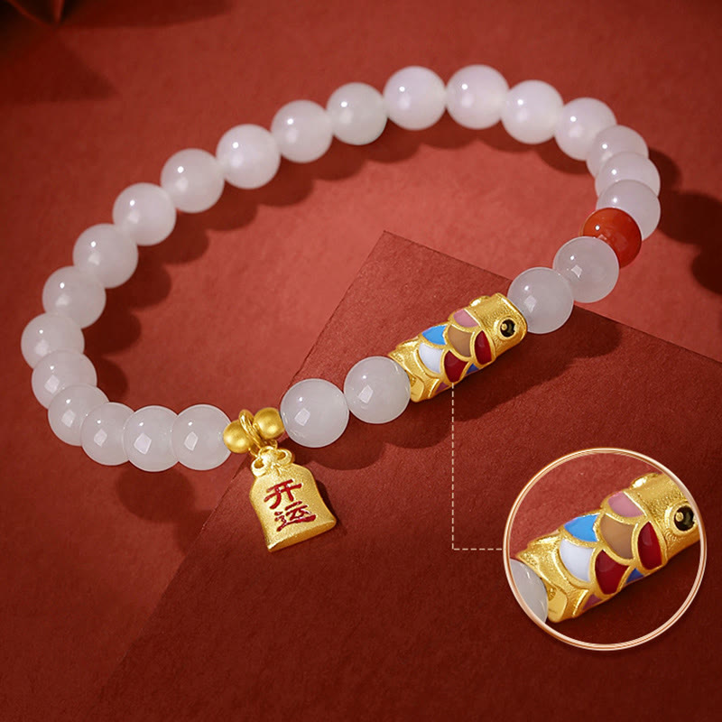 Buddha Stones 925 Sterling Silber Hetian Weiß Jade Roter Achat Koi Fisch Glück Glücksarmband - image 4