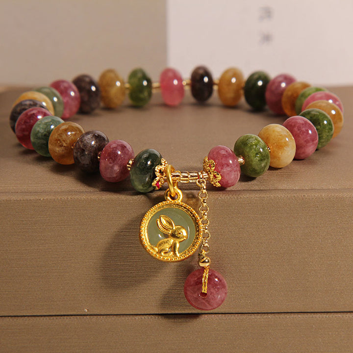 Buddha-Steine, natürlicher, bunter Turmalin, süßer Hase, positives Armband