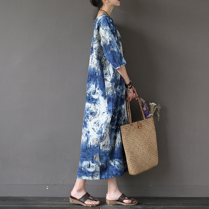 Buddha Stones – Midikleid mit Batikmuster, Tinte, Dreiviertelärmel, Baumwollleinenkleid mit Taschen