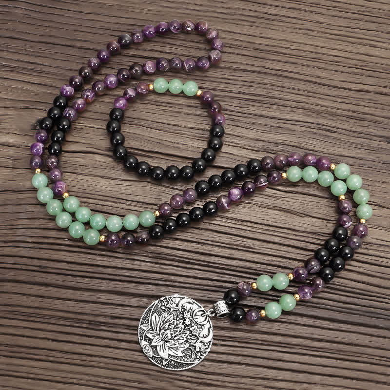 Buddha Stones 108 Mala-Perlen, Amethyst, grüner Aventurin, Lotus, Meditationsarmband