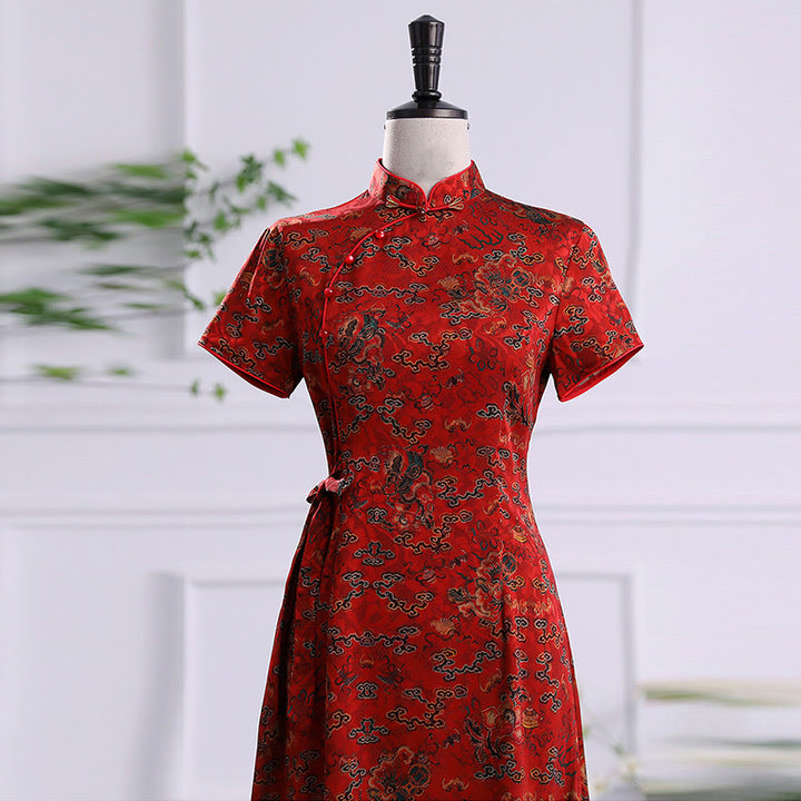 Buddha Stones Vintage Auspicious Clouds Leaf Print Cheongsam Kleid Damen Qipao Kleid