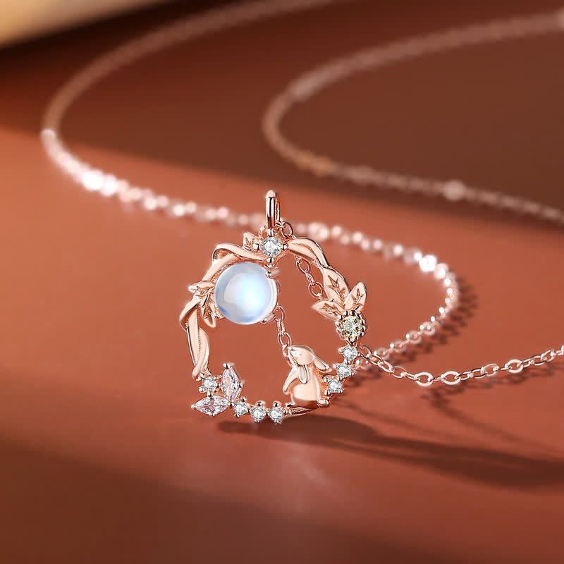 925 Sterling Silber Jahr des Kaninchens Mondstein Mond Blumenmuster Halskette Anhänger Armband Ohrringe - Halskette - Roségold - image 1