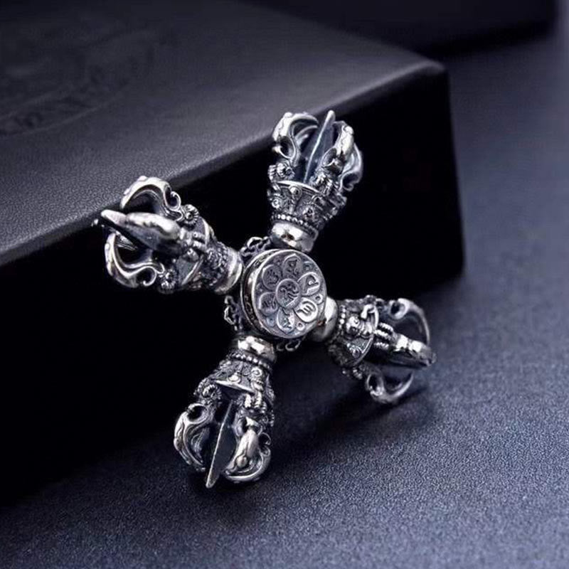 Buddha Stones Tibetischer Anhänger aus 925er Sterlingsilber mit graviertem Doppel-Dorje-Vajra – Symbol spiritueller Kraft - image 1