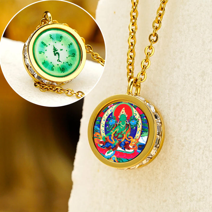 Buddha Stones, tibetischer gelber Gott des Reichtums, grüne Tara-Buddha-Gelassenheit, Halskettenanhänger aus Titanstahl - Vorderseite Grüne Tara Rückseite Mantra - image 13