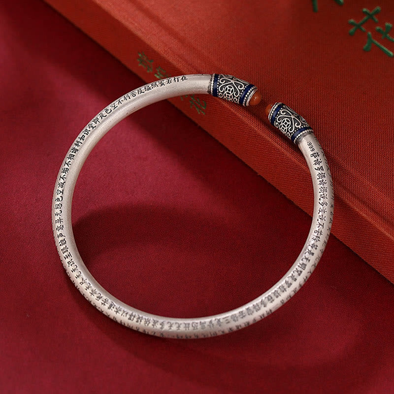 Buddha Stones 999 Sterling Silber Herz Sutra Gravur Roter Achat Schutzarmband Armreif - 18 cm (einstellbar) - image 0
