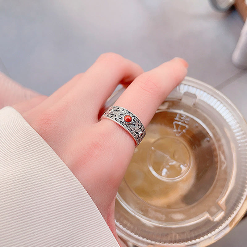 Ring mit Buddha-Steinen aus 925er Sterlingsilber mit eingebettetem rotem Achat und glückverheißenden Wolken für logisches Denken