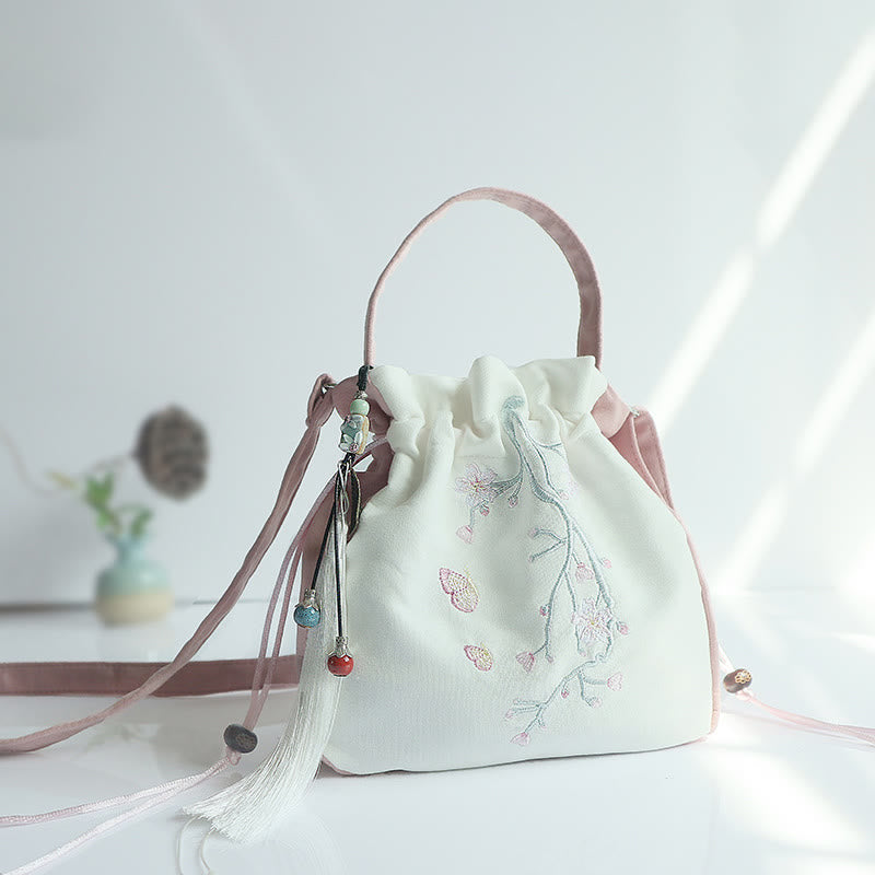 Buddha Stones Handgefertigte bestickte Blumen Canvas Tote Schultertasche Handtasche - Rosa-weiße Kirschblüte 20 x 20 cm - image 23