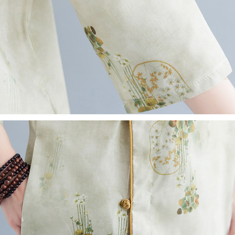 Cheongsam-Midikleid mit Buddha-Steinen, Blumen, Grün und Gelb, Blätter-Print, Dreiviertelärmel, mit Taschen