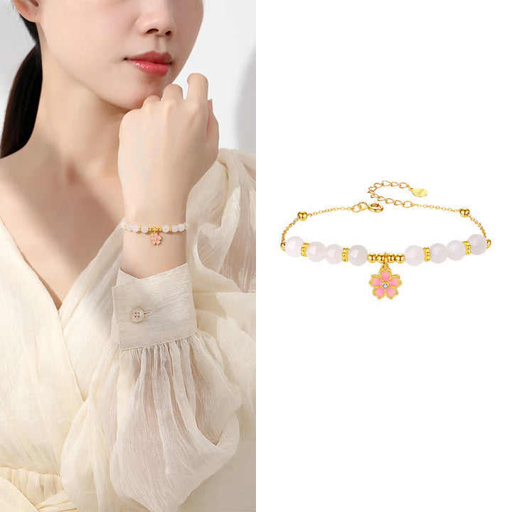 Buddha Stones 925 Sterling Silber Hetian Weiß Jade Kirschblüten-Schutzarmband - image 8