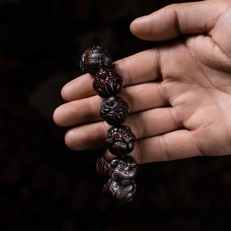 Schutzarmband aus rotem Sandelholz mit Buddha Stonesn, chinesischem Sternzeichen, graviertem kleinen Blatt