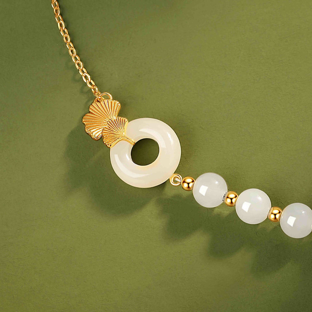 Buddha Stones 925 Sterling Silber Hetian Weiß Jade Friedensschnalle Ginkgoblatt Glücksarmband - image 4