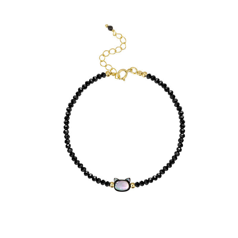 Buddha Stones 14K vergoldetes schwarzes Spinell- Weiß Kristall-Heilarmband mit süßer Katze aus Tridacna-Stein - image 10