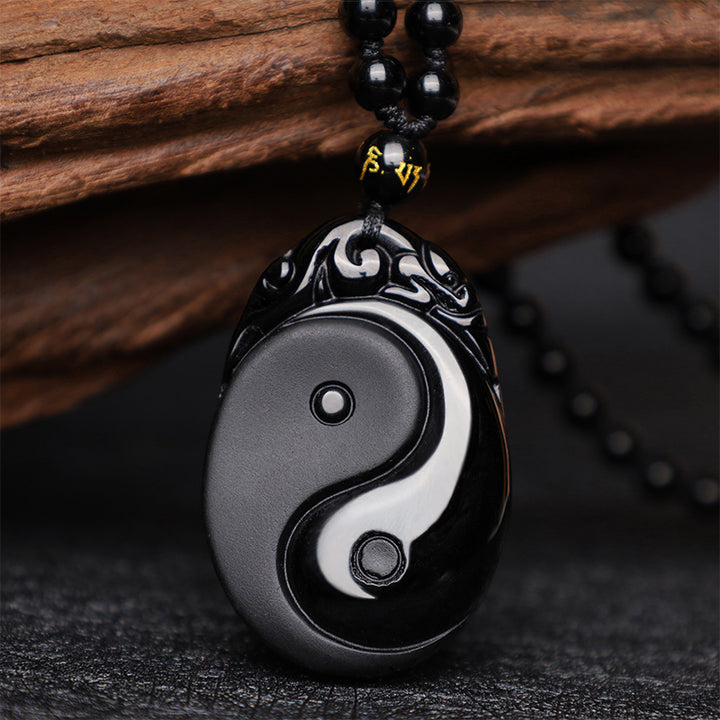 Buddha Stones Halsketten-Anhänger, natürlicher schwarzer Obsidian, Yin Yang, Fulfilment Strength