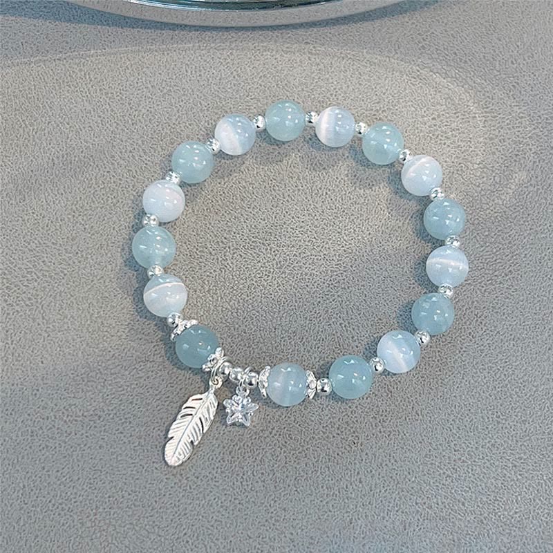 Buddha Stones 925 Sterling Silber Aquamarin Katzenauge Heilfeder Stern Charm Armband - 925 Sterling Silber Aquamarin & Katzenauge (Handgelenkumfang 14-16 cm) - image 0